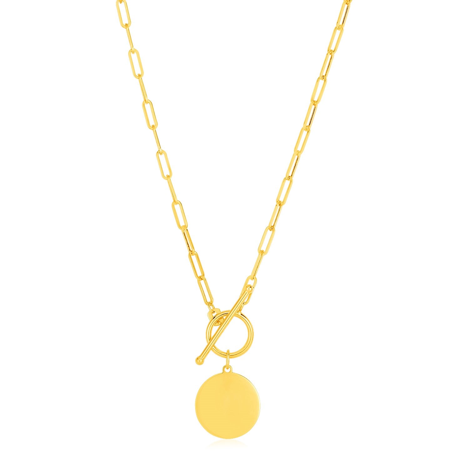 14k Yellow Gold Paperclip Chain Necklace with Circle Pendant in a sleek high-contrast midnight luxury editorial style